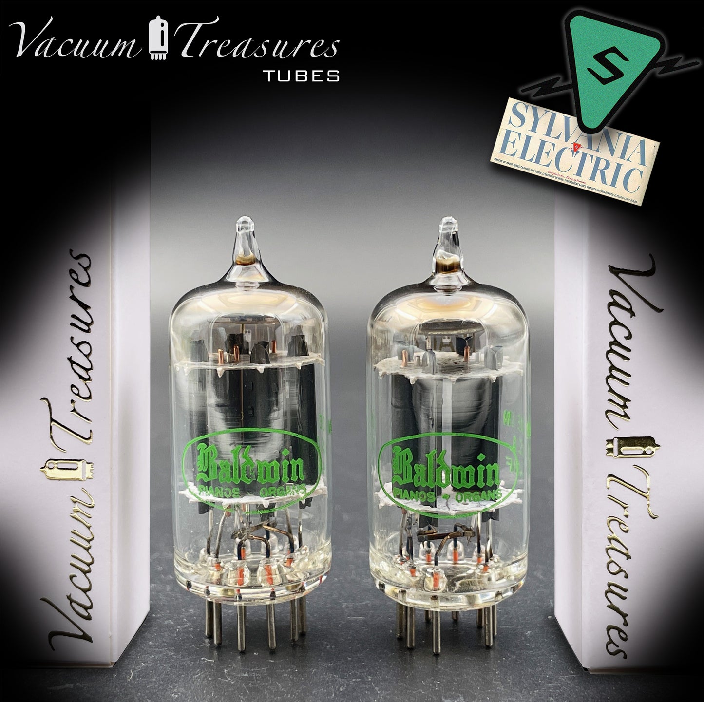 12AU7A / ECC82 NOS Baldwin by SYLVANIA Long Gray Plates Halo Getter Matched Pair Tubes Made in USA '60s