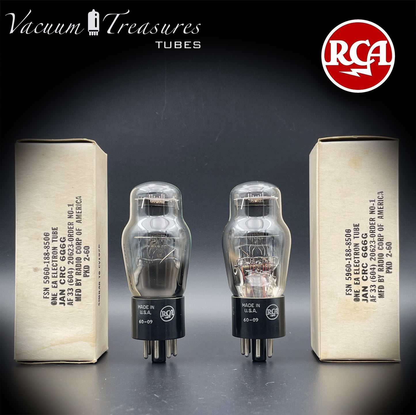 6G6G = VT-198A = 6G6GT RCA NOS NIB Matched Pair Black Plates Square Getter Power Pentode USA