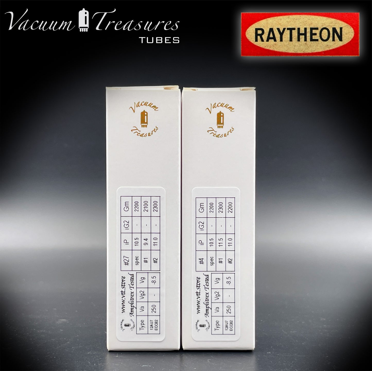 12AU7A / ECC82 NOS Baldwin by RAYTHEON Matched Pair Tubes Long Black Plates Halo Getter Made in USA '61