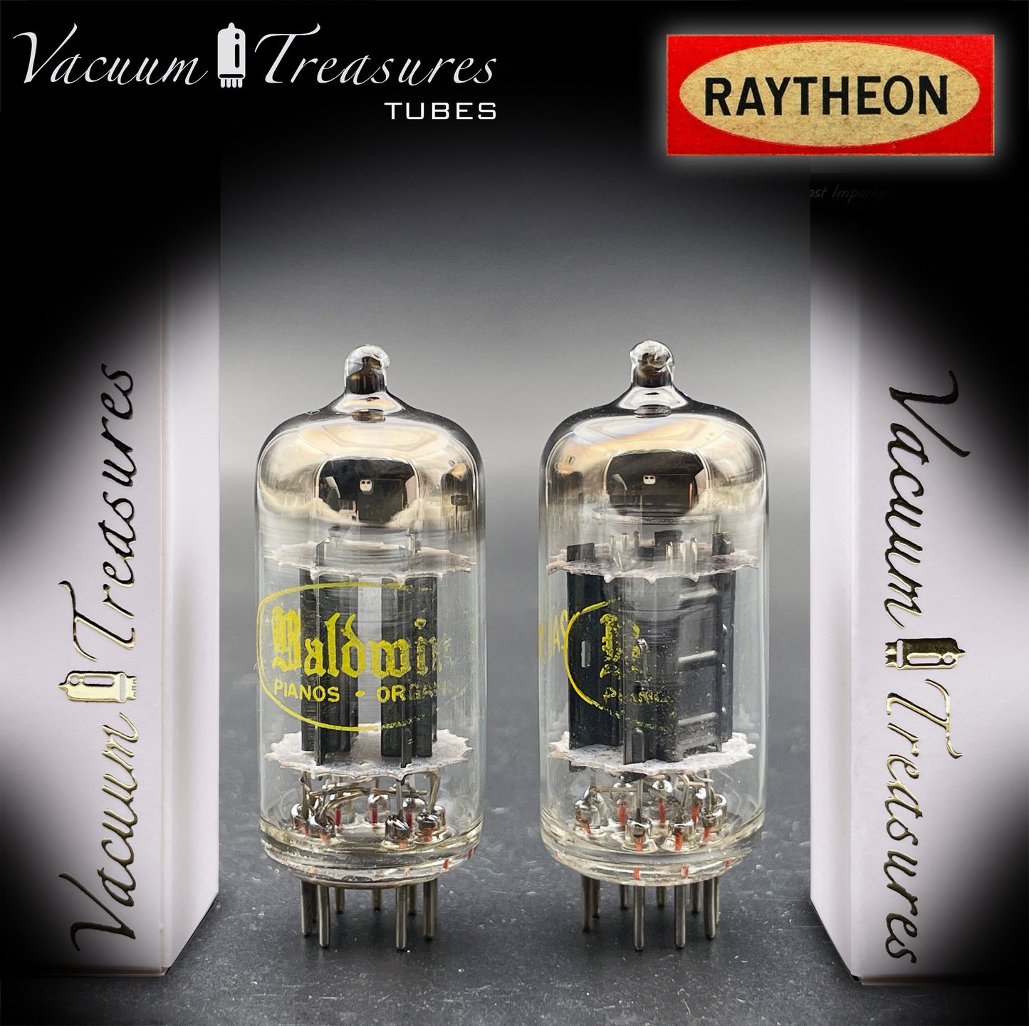 12AU7A / ECC82 Baldwin by RAYTHEON Matched Pair Tubes Long Black Plates Halo Getter Made in USA '60s