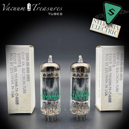 12BH7A ( 7032 ) NOS NIB Sylvania Gray Plates Halo Getter Matched Pair Tubes USA 1975