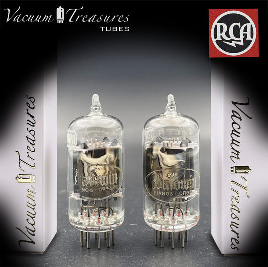 12AU7 / ECC82 Baldwin by RCA AMPLITREX Matched Pair Clear Top Long Gray Plates Side D Getter Tubes