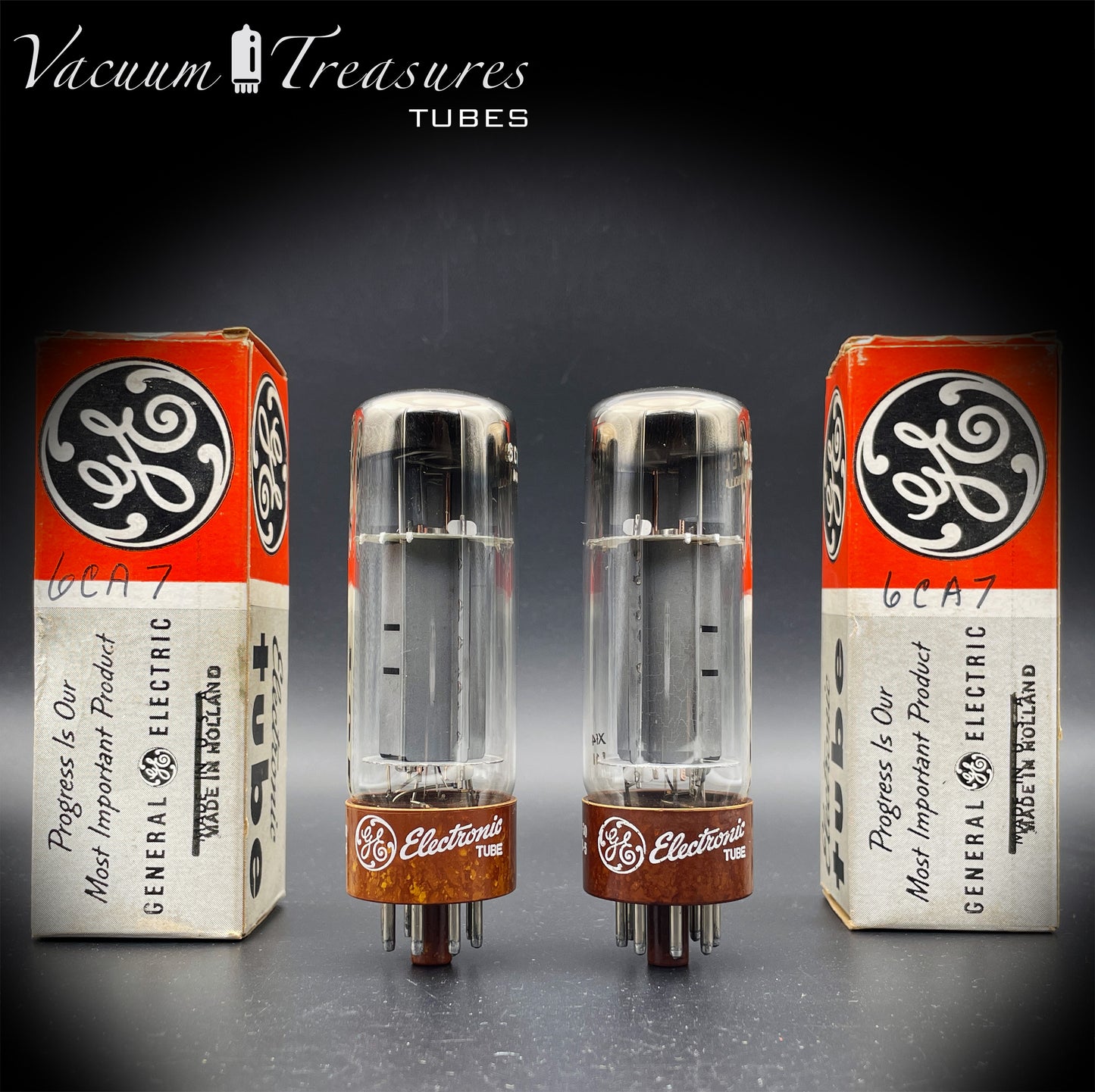 6CA7 EL34 GE Xf4 Philips/MBLE Brown Base DD-Getter NOS NIB Matched Pair Made in Holland '61