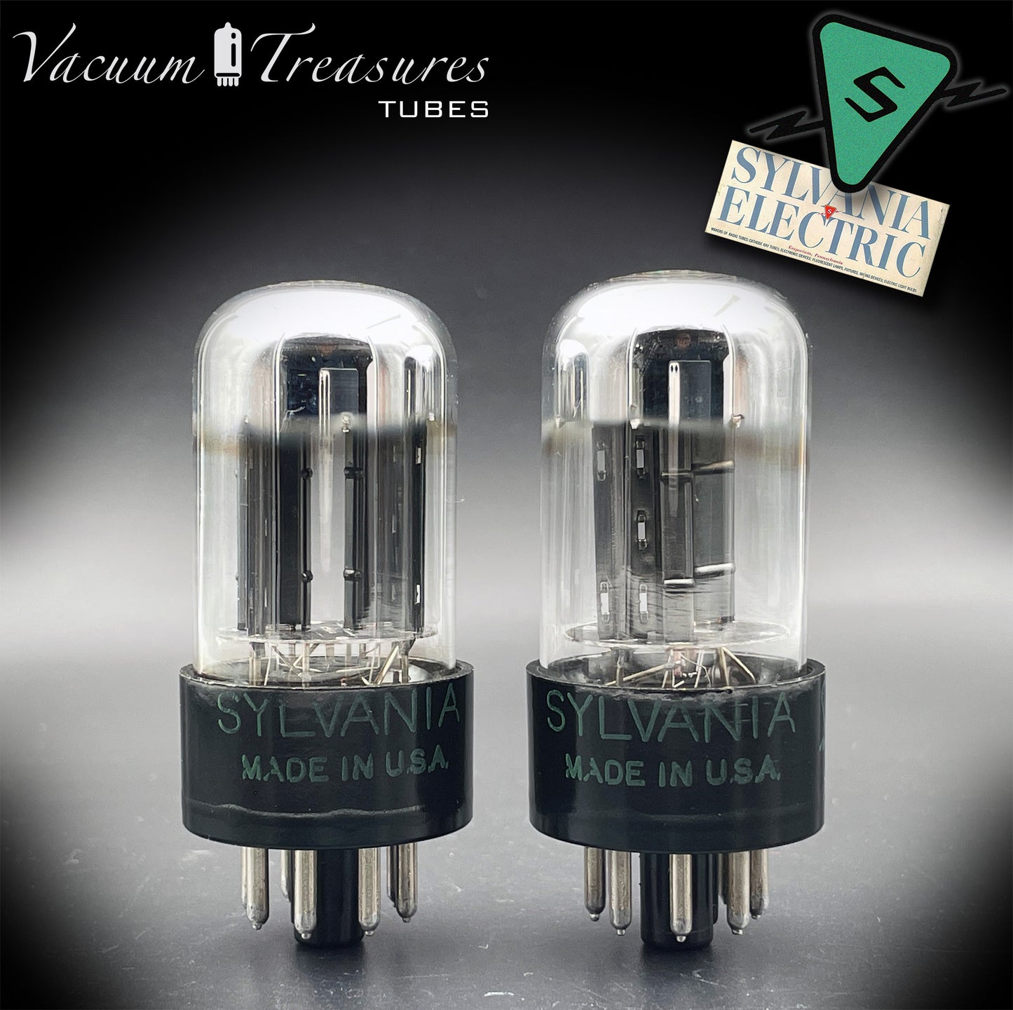 6SN7GTB NOS SYLVANIA CHROME TOP Green Dot Matched Pair Black Plates Tubes USA '50s