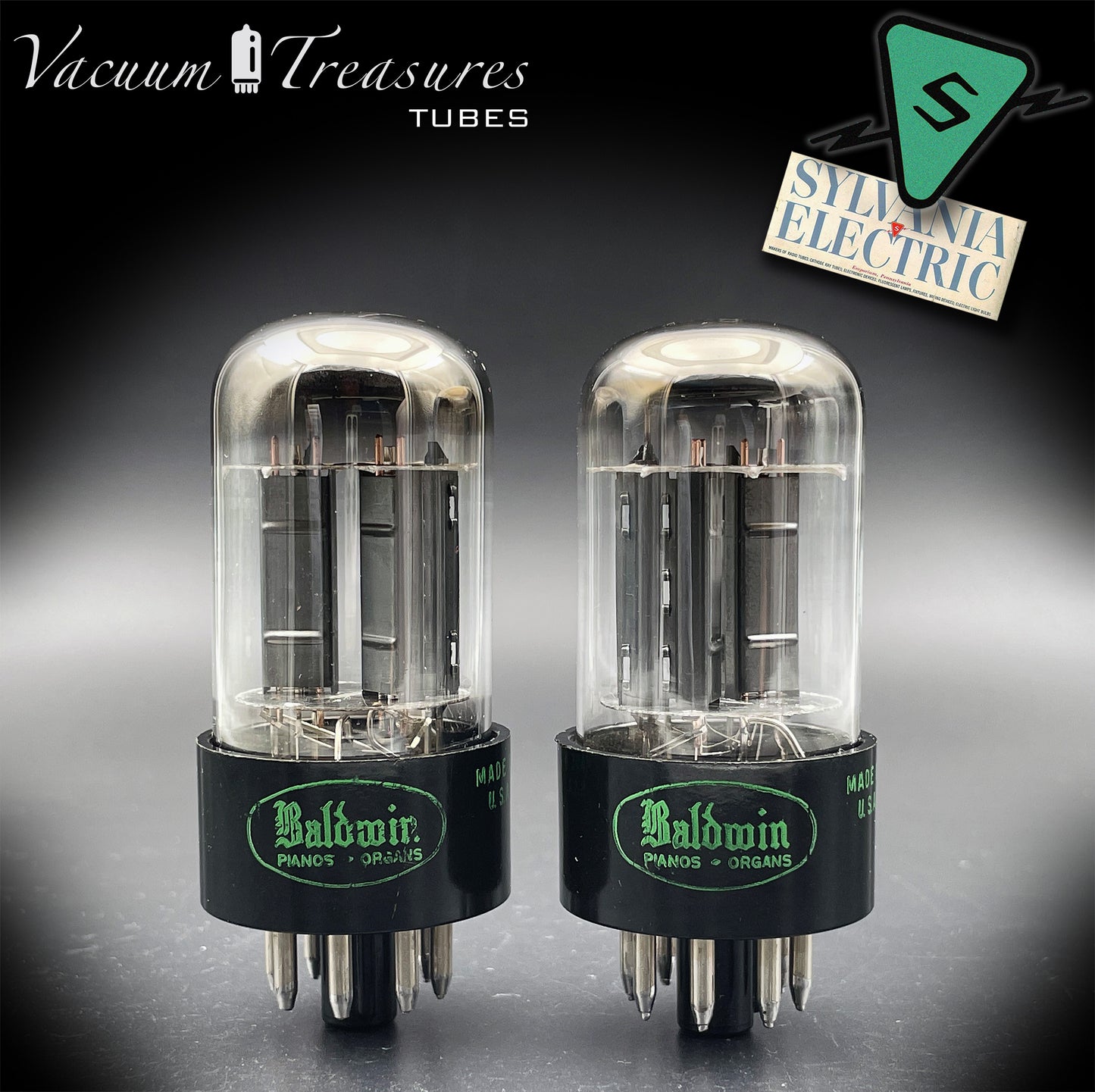 6SN7GTB Baldwin by SYLVANIA Matched Pair Black Plates Tubes - Same Codes - Made in USA '61