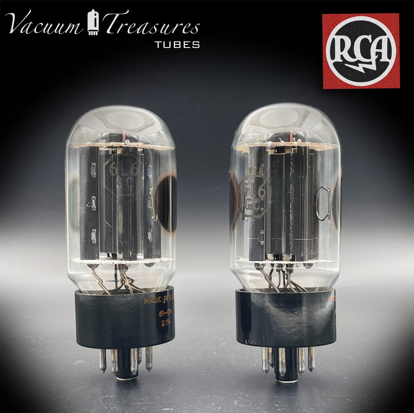 6L6GC RCA Black Plates Double Side D Getter – Matched Pair – Amplitrex Tested – Made in USA 1961