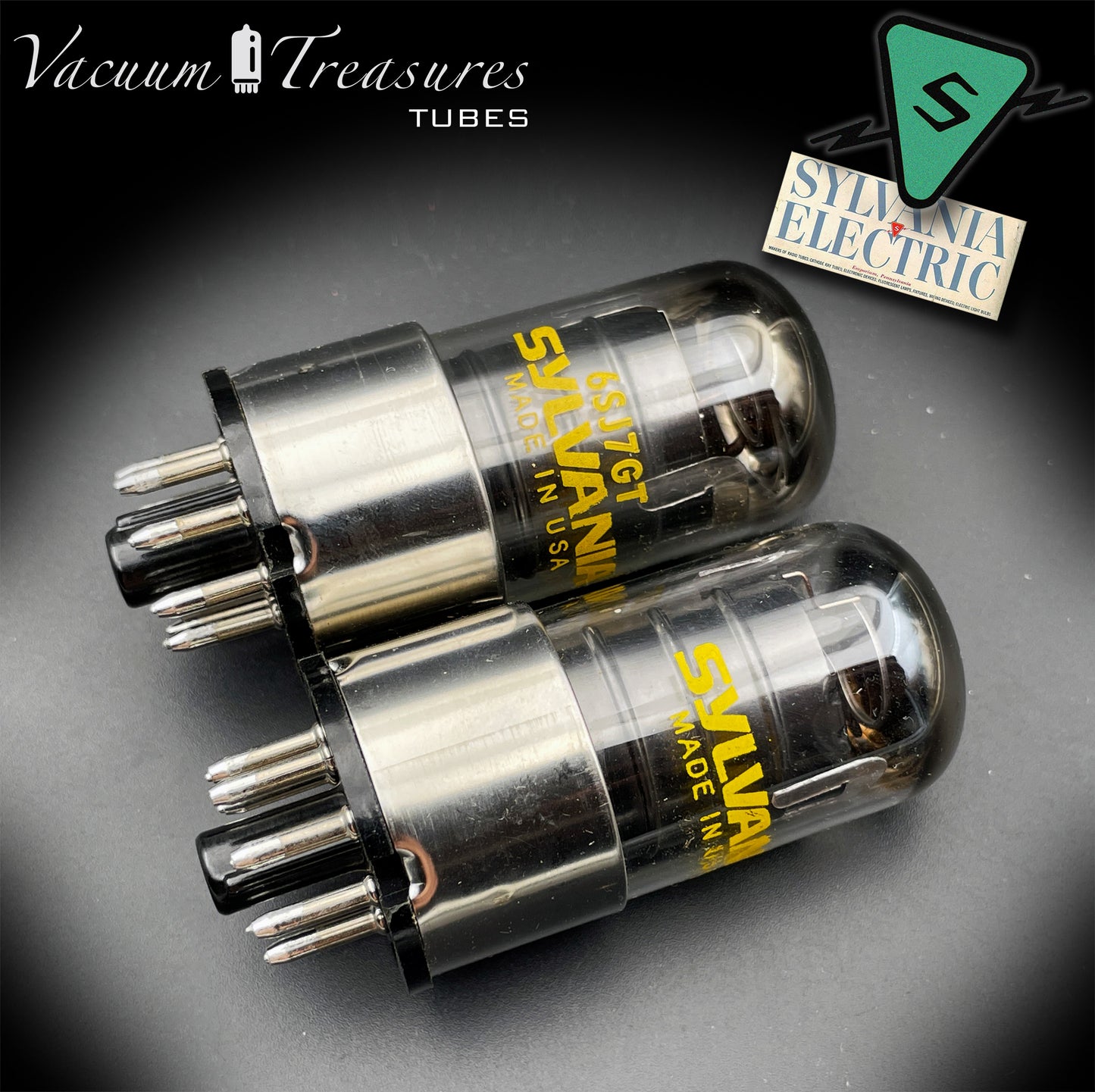 6SJ7GT SYLVANIA Matched Pair Metal Base Black Plates Halo Getter Made in USA '60s