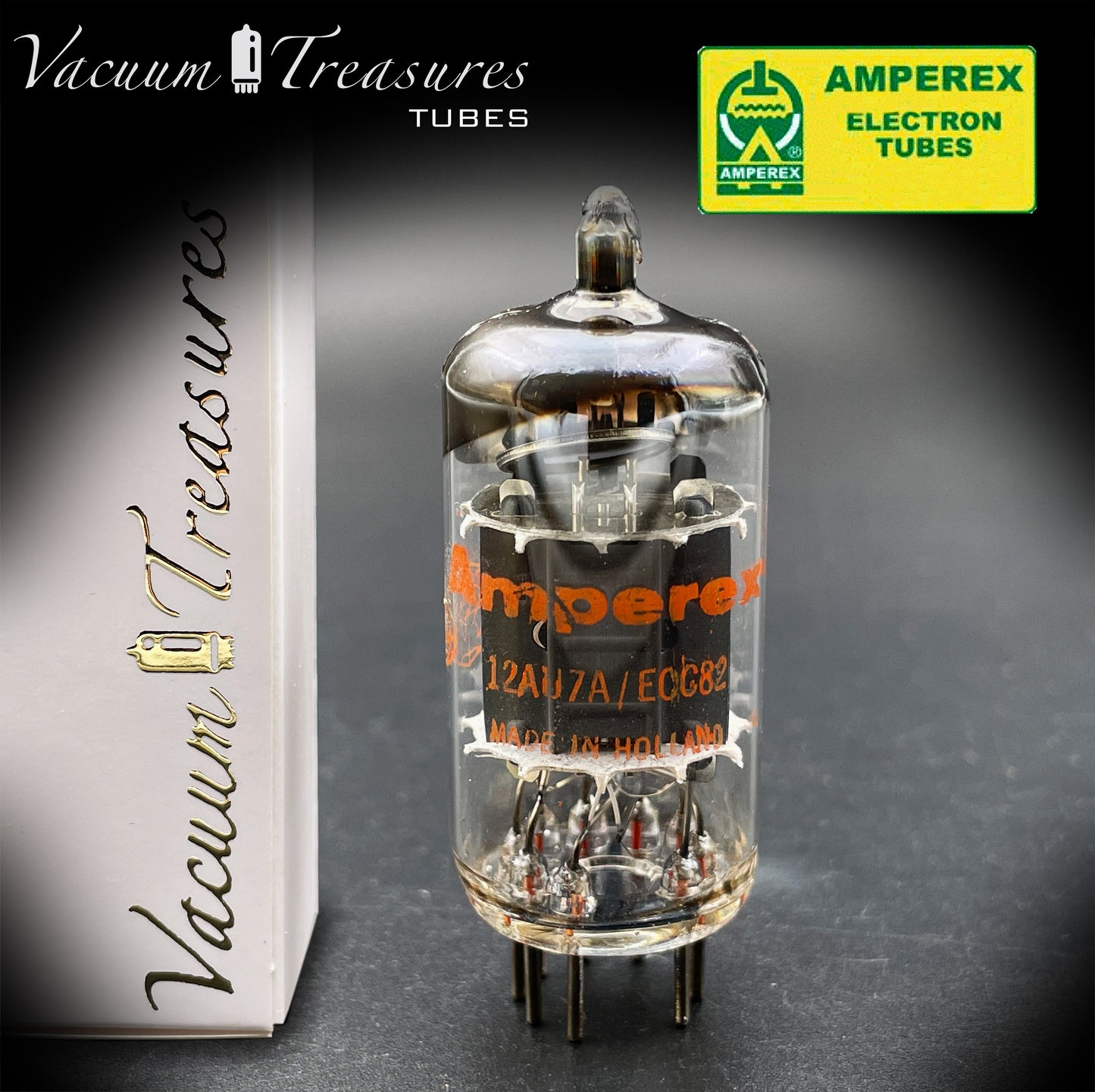 12AU7 (ECC82) NOS AMPEREX Kurzplatten 45° O Getter Balanced Triodes Tested Tube MADE IN HOLLAND