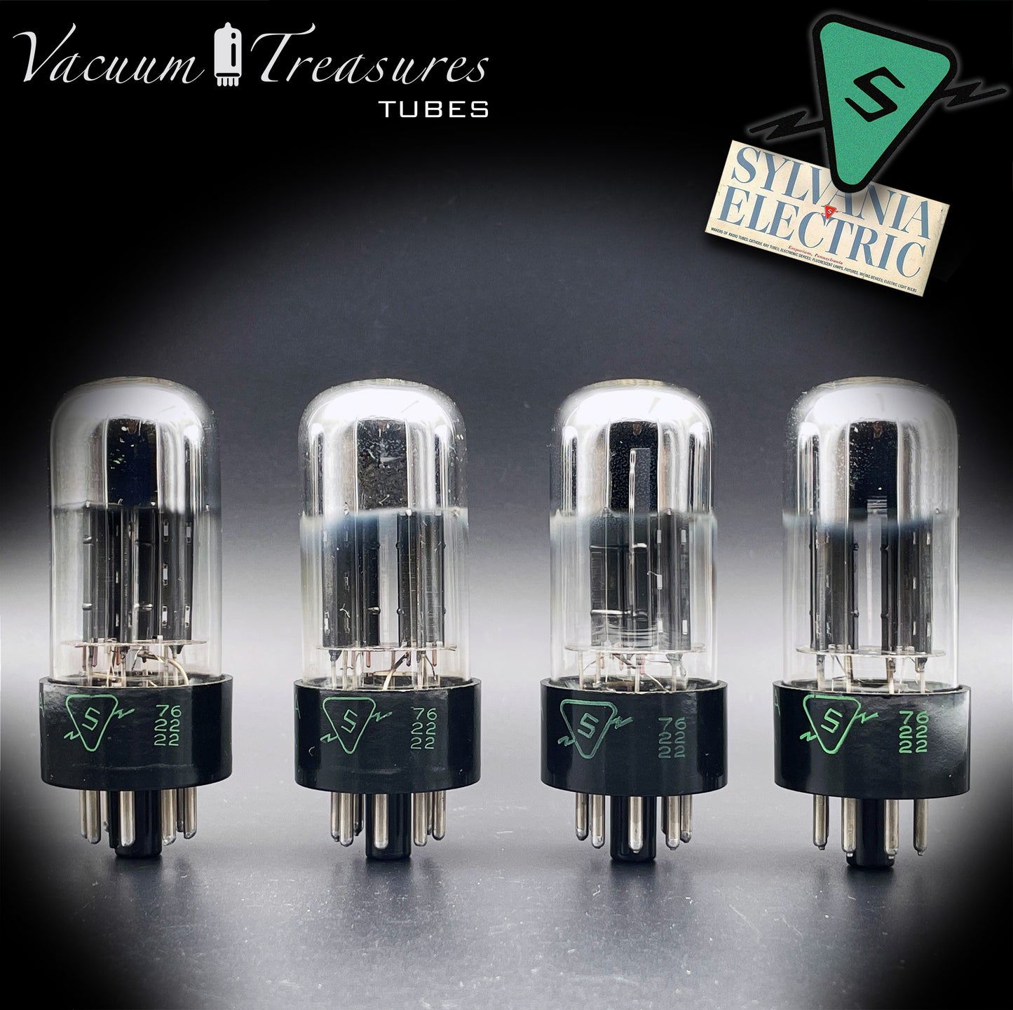 6SN7 GTA NOS Sylvania – Black Plates Tall Glass Matched Quad Tubes USA '56