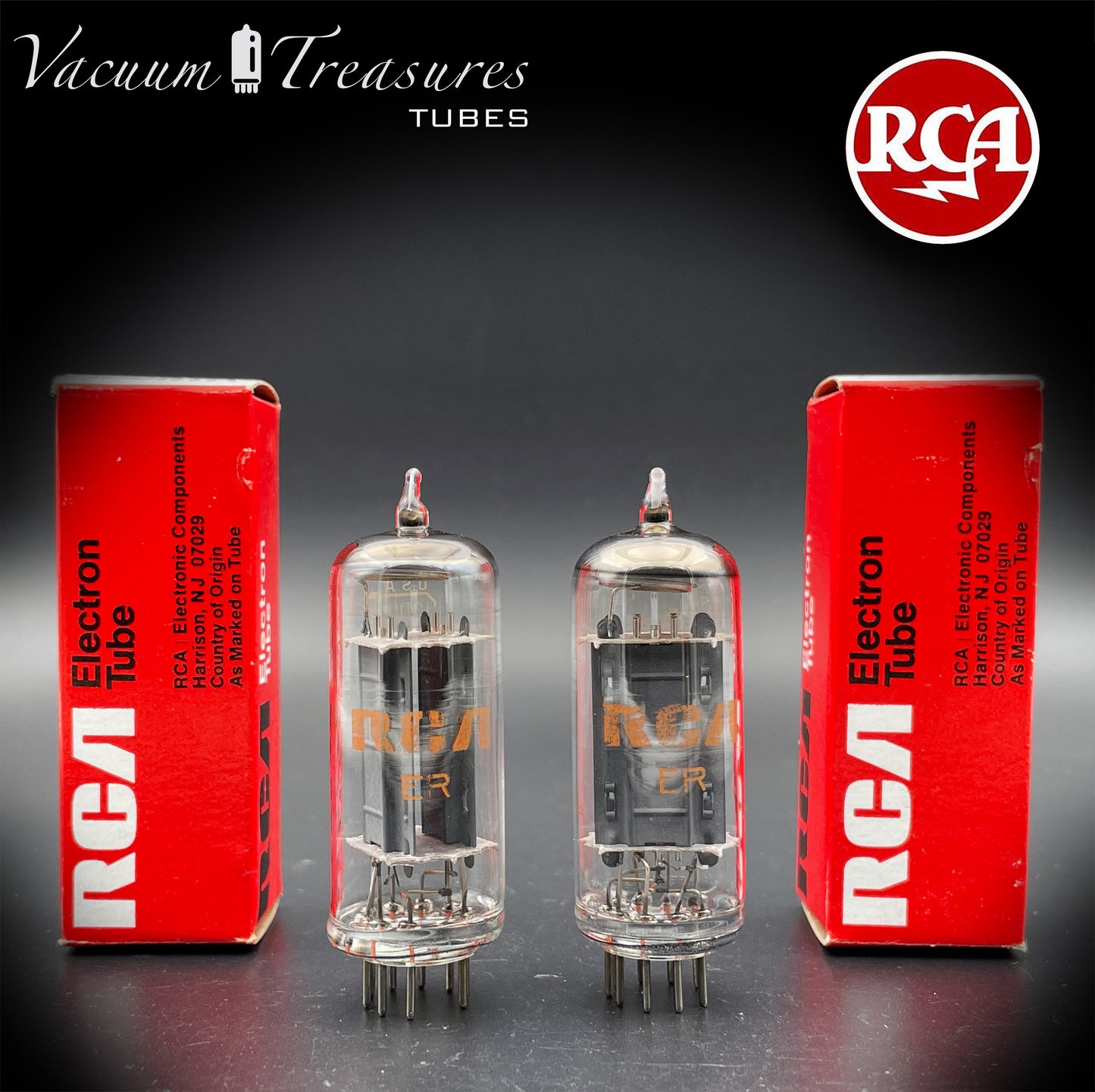 12BH7A 7032 NOS NIB RCA Matched Pair - Same Codes - Gray Plates Halo Getter Tubes USA '74