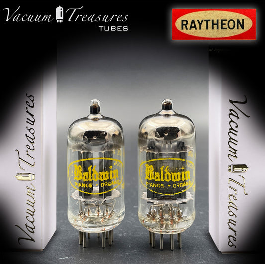12AU7A / ECC82 NOS Baldwin by RAYTHEON Matched Pair Tubes Long Black Plates Halo Getter Made in USA '61