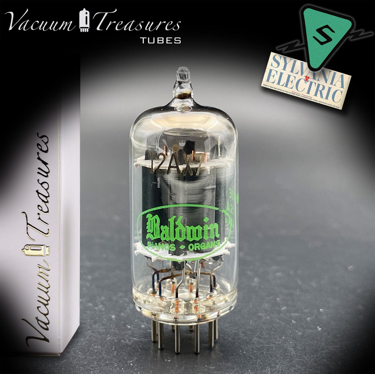 12AX7 / ECC83 NOS Baldwin by SYLVANIA Long Gray Plates Halo Getter Tested Tube Made in USA '61
