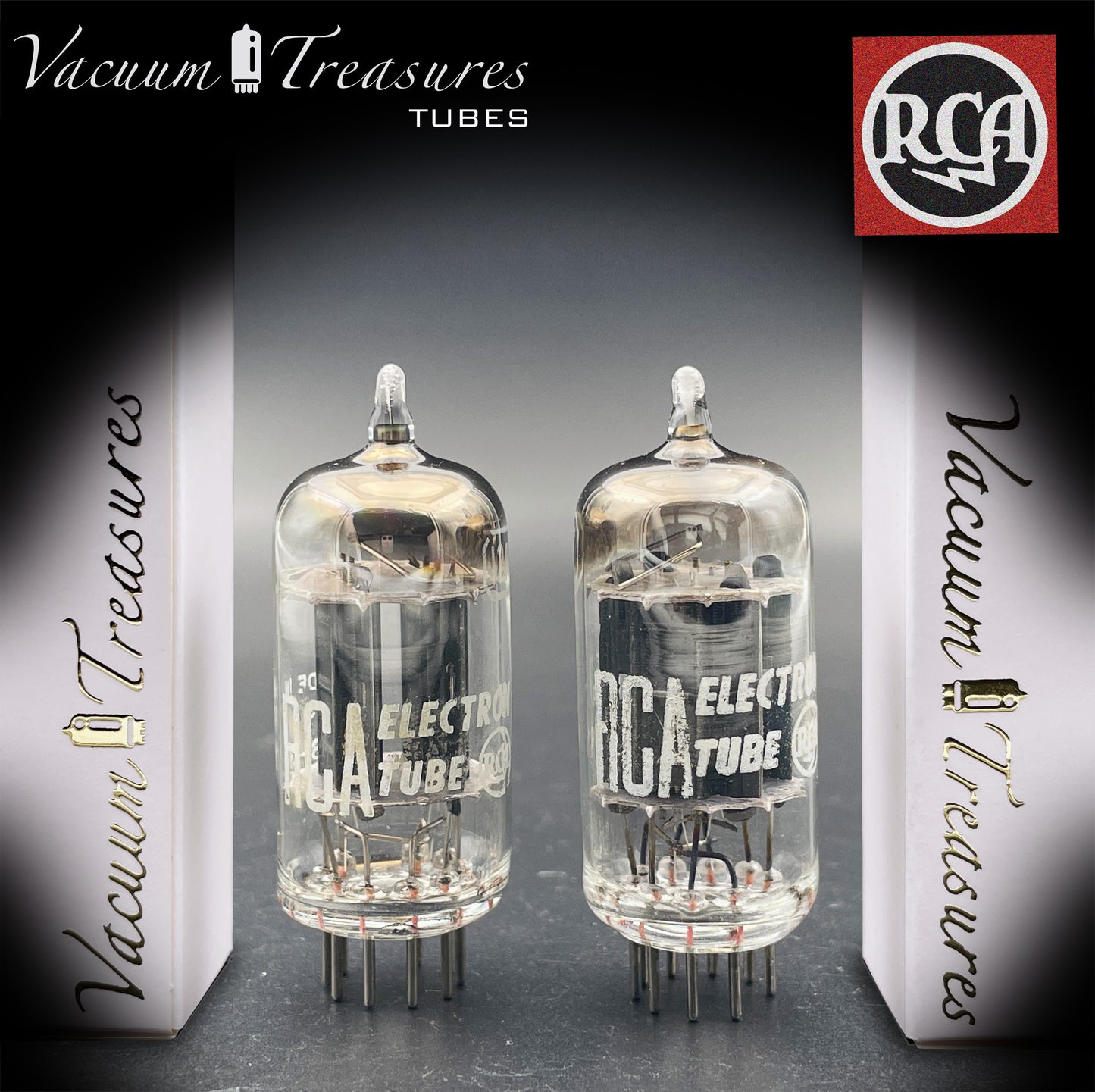 12AX7 / ECC83 RCA Matched Pair Long Black Plates Square Tilt getter Made in USA '58