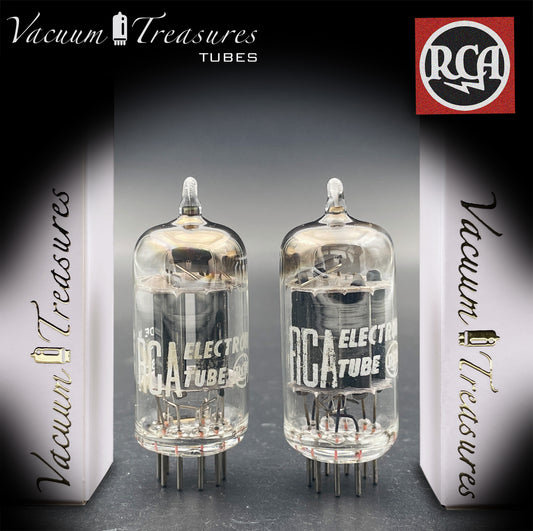 12AX7 / ECC83 RCA Matched Pair Long Black Plates Square Tilt getter Made in USA '58