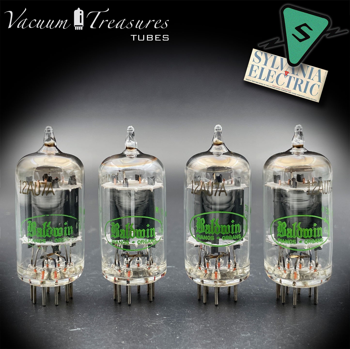 12AU7A / ECC82 NOS Baldwin by SYLVANIA Long Gray Plates Halo Getter Matched Quad Tubes Made in USA '60s