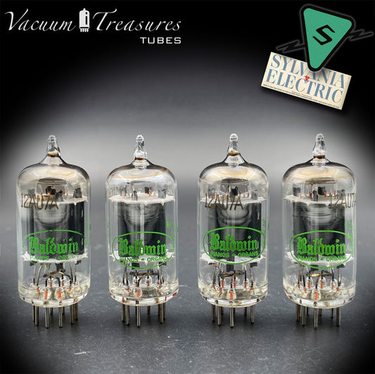 12AU7A / ECC82 NOS Baldwin by SYLVANIA Long Gray Plates Halo Getter Matched Quad Tubes Made in USA '60s