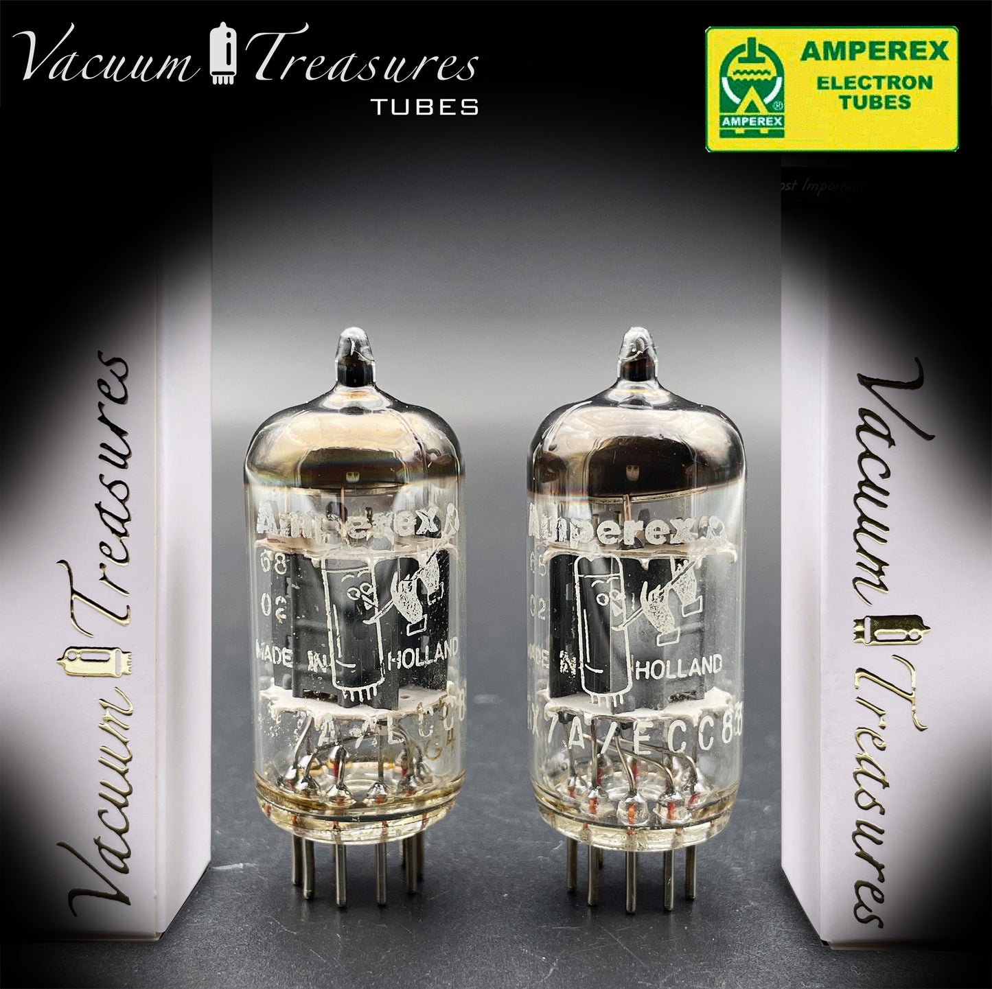 12AX7 / ECC83 NOS AMPEREX Bugle Boy Matched Pair Short plates Same Date Codes Tubes MADE IN HOLLAND '67