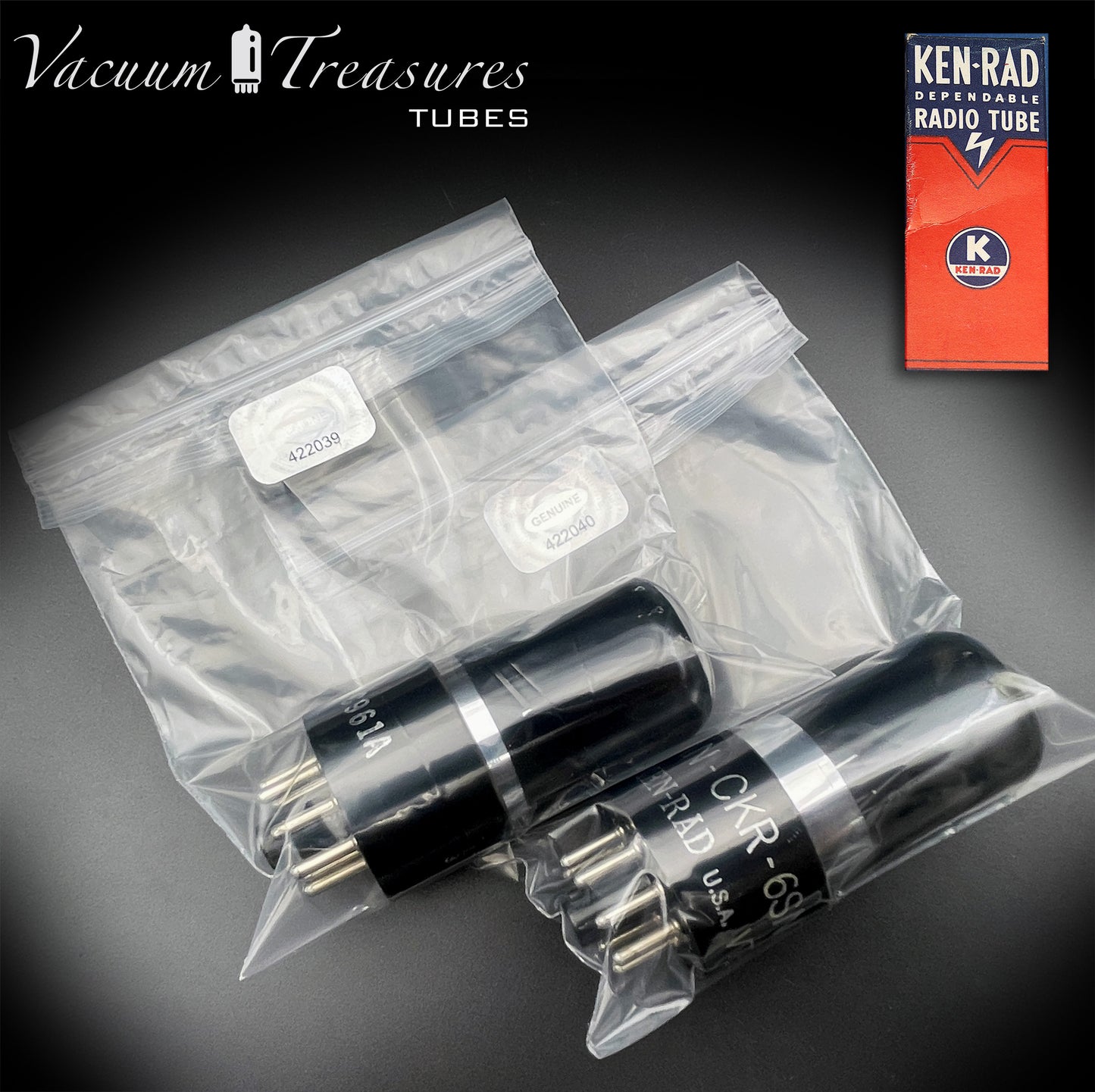 6SN7GT VT-231 KEN-RAD Black Plates Black Glass Foil Getter – Matched Pair – Made in USA anni ’40