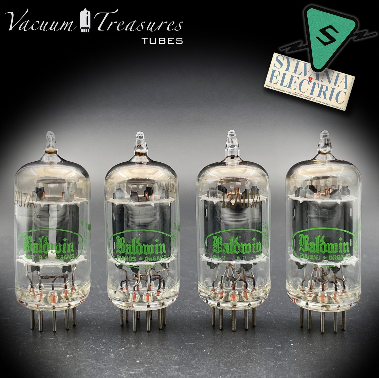 12AU7A / ECC82 NOS Baldwin by SYLVANIA Long Gray Plates Halo Getter Matched Quad Tubes Made in USA '60s