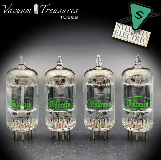 12AU7A / ECC82 NOS Baldwin by SYLVANIA Long Gray Plates Halo Getter Matched Quad Tubes Made in USA '60s