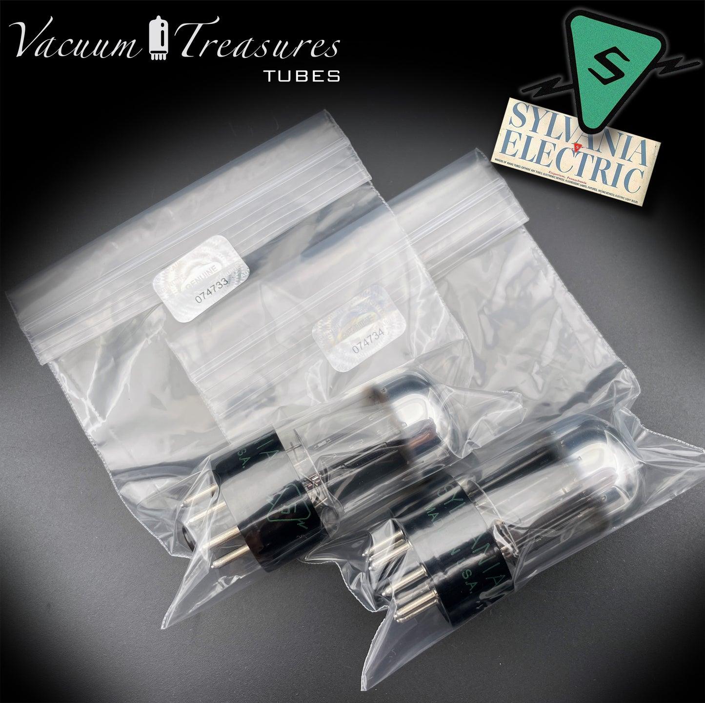 6SN7GTB NOS SYLVANIA CHROME TOP Green Dot Matched Pair Black Plates Tubes USA '50s