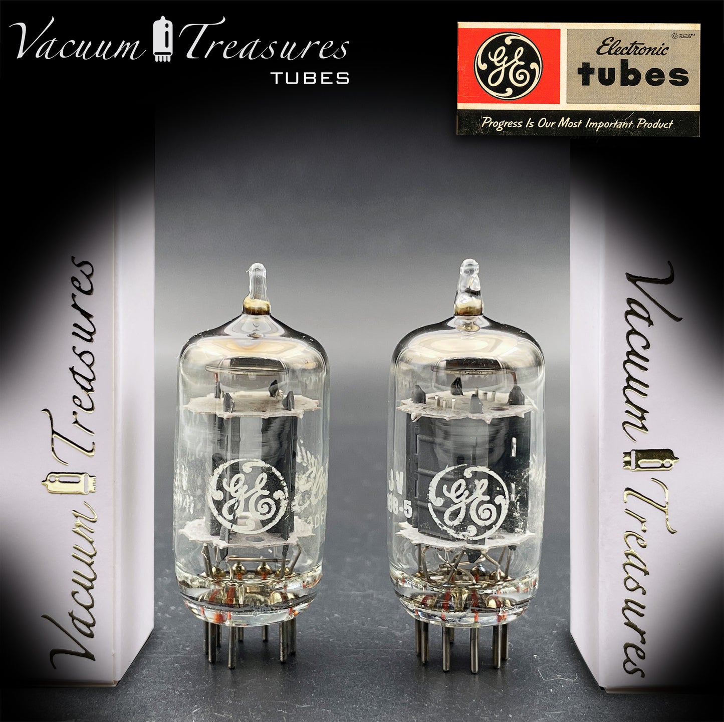 5963 / 12AU7 / ECC82 GE NOS Matched Pair - Long Gray Plates - AMPLITREX Tested - Made in USA