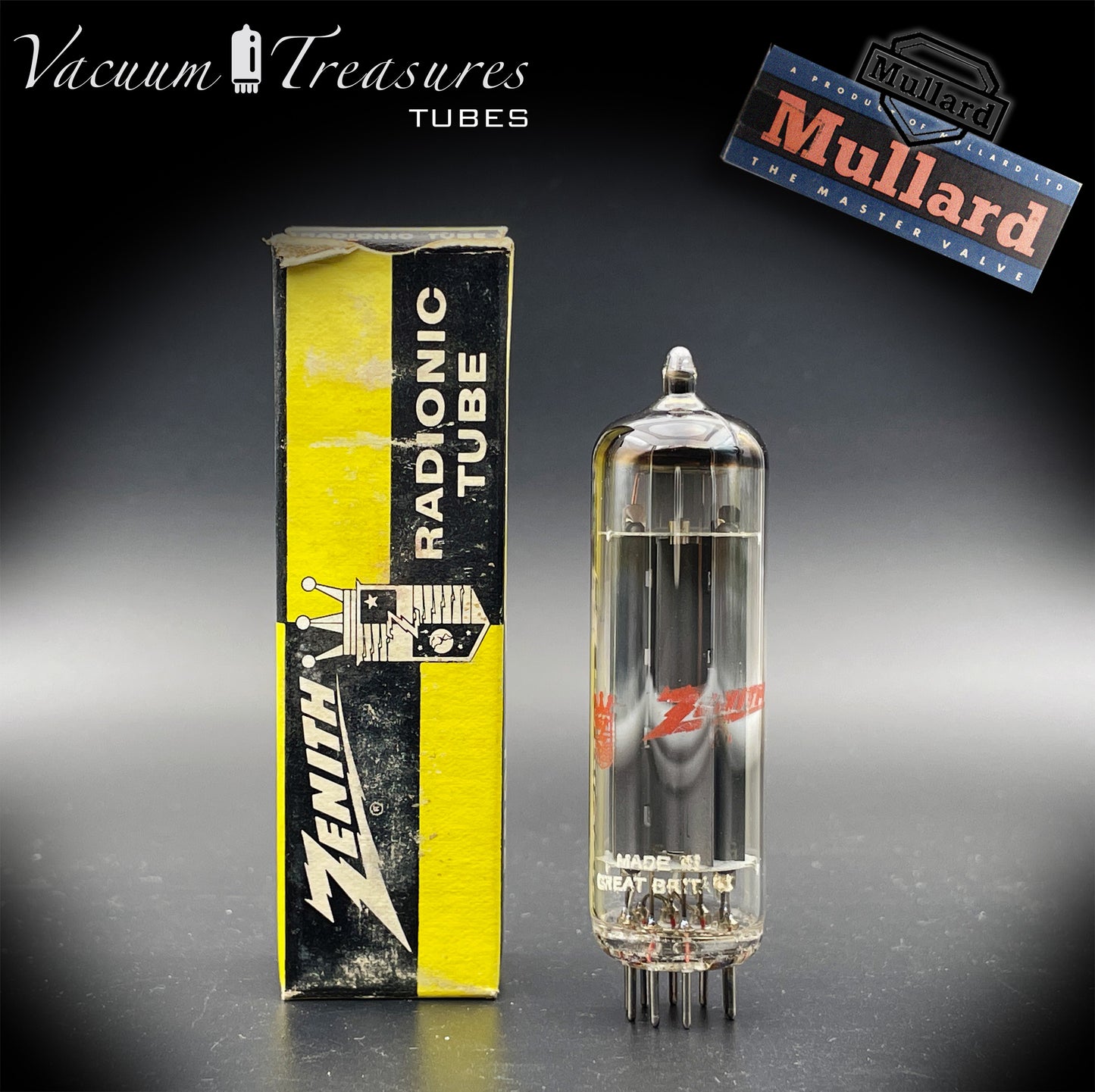 6CA4 ( EZ81 ) NOS NIB ZENITH by MULLARD Gray Plates Halo Getter Tested Tube Rectifier Made in GT. Britain