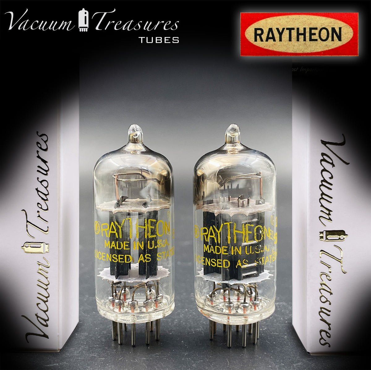 12AU7 / ECC82 RAYTHEON Matched Pair Long Black Plate Square Getter Tested Tubes USA '57