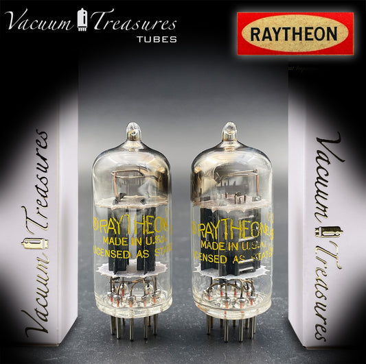 12AU7 / ECC82 RAYTHEON Matched Pair Long Black Plate Square Getter Tested Tubes USA '57