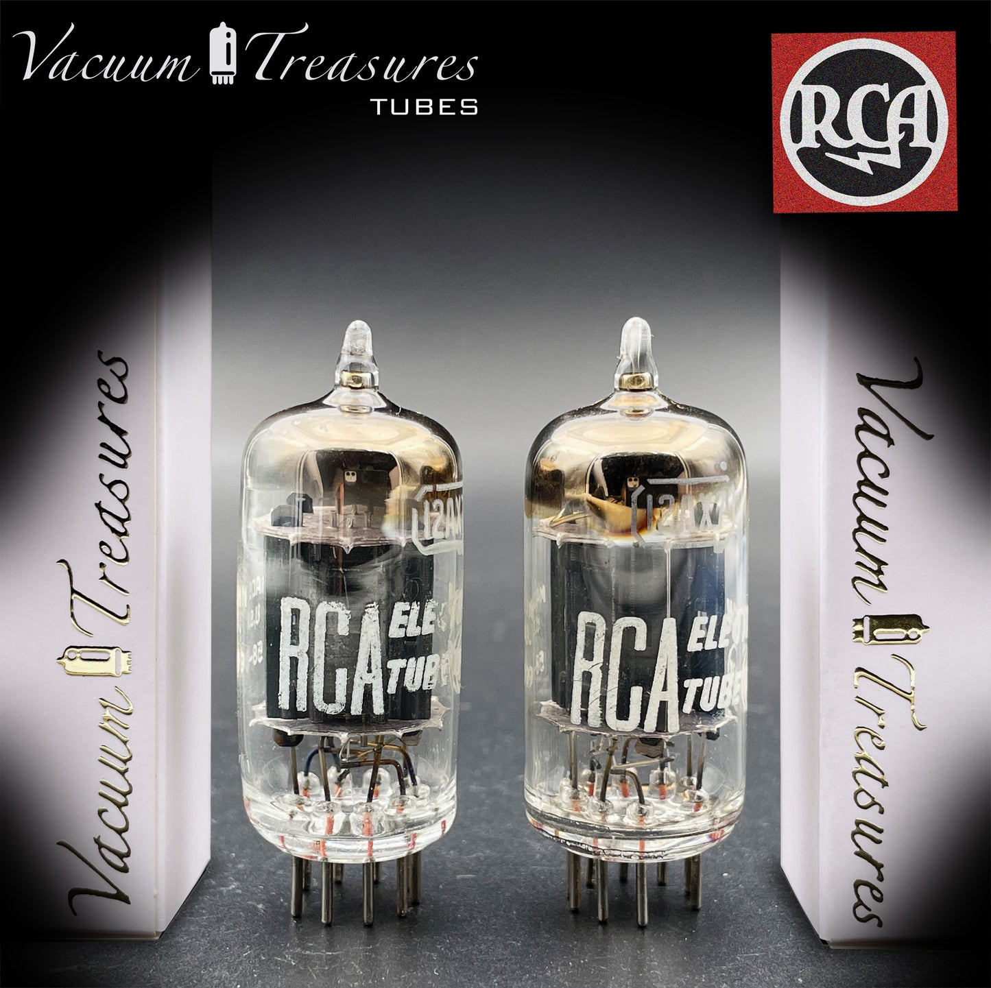12AX7 / ECC83 RCA Matched Pair Long Black Plates Square Tilt getter Made in USA '58