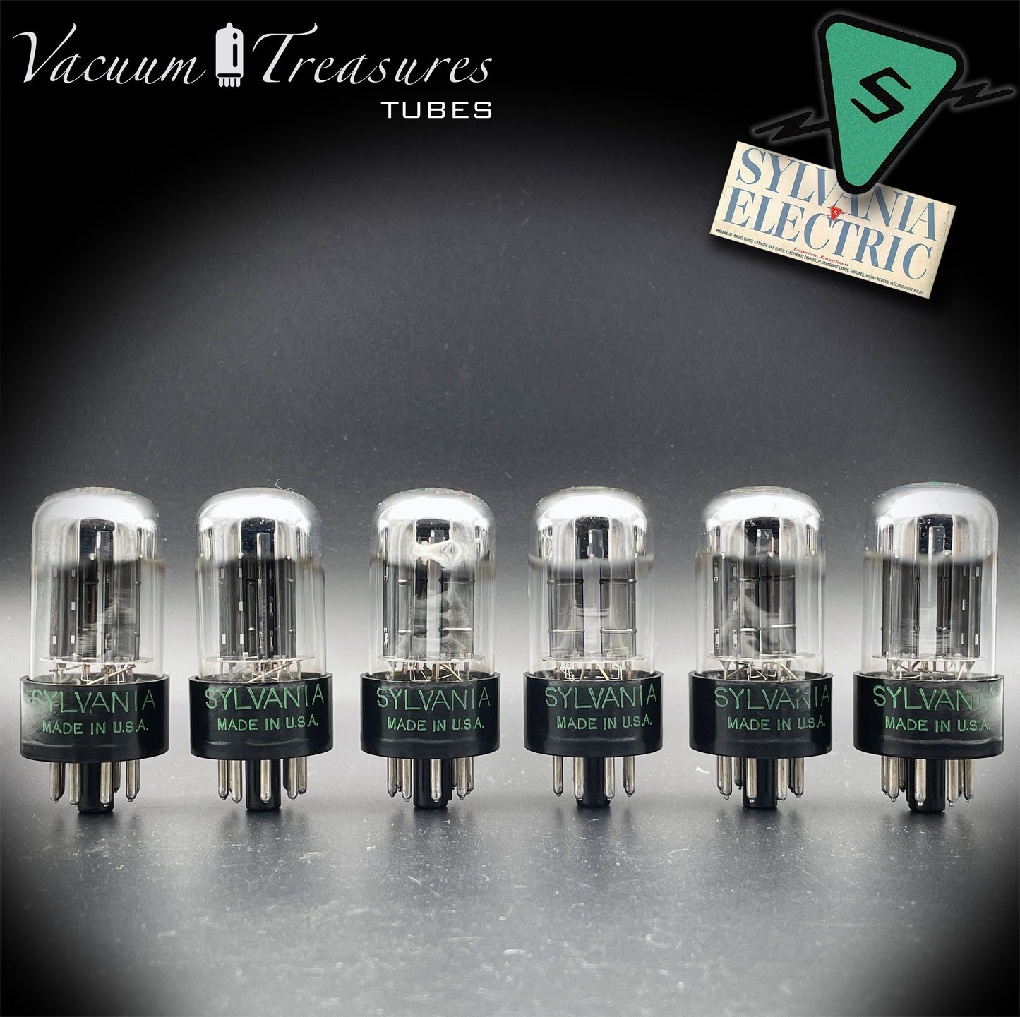 6SN7GTB NOS SYLVANIA CHROME TOP Green Dot Matched Sextet Black Plates Tubes USA