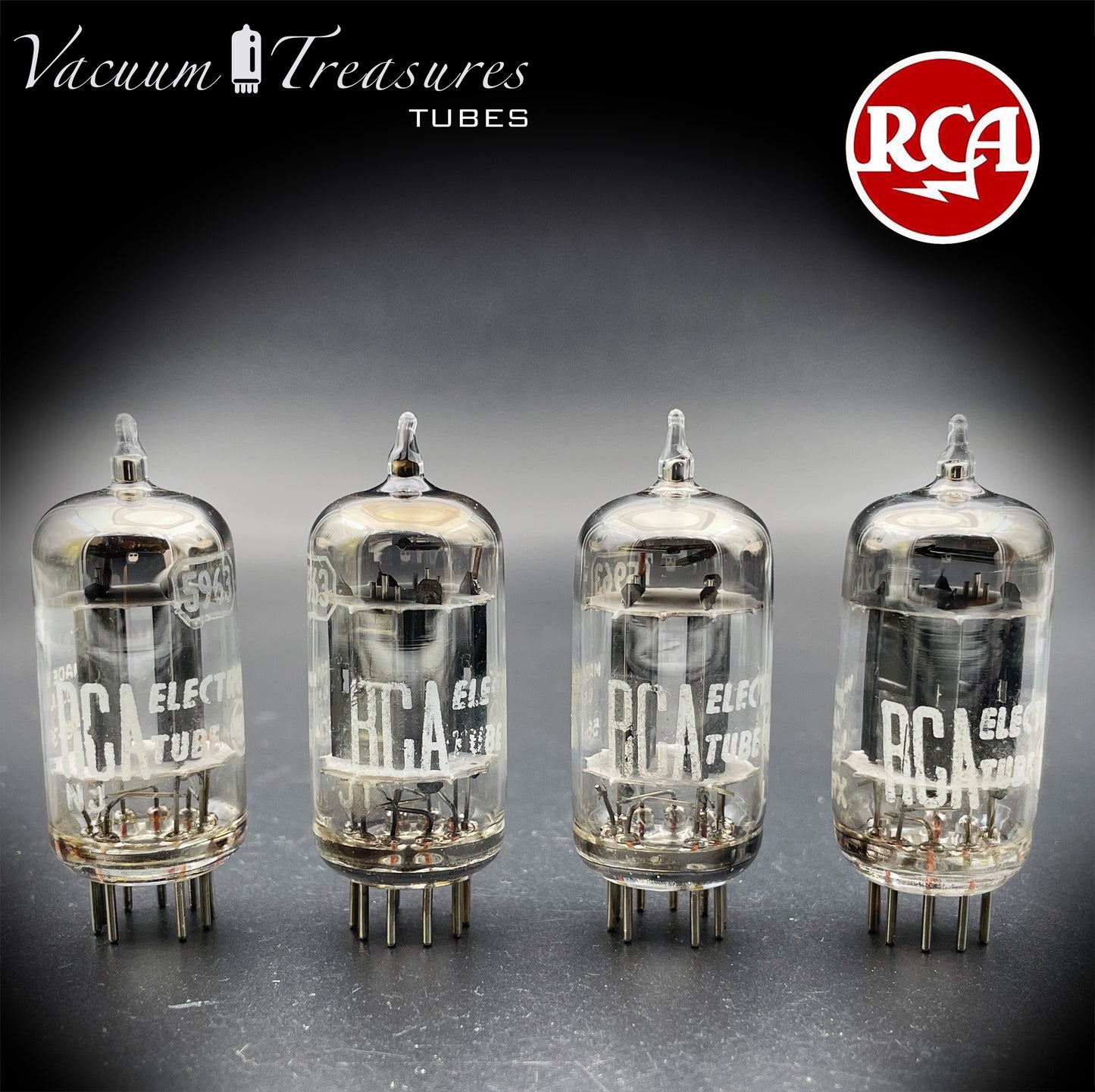 5963 ( 12AU7 ) RCA Matched Quad Long Black Plates Foil Getter AMPLITREX Tested