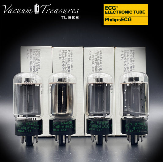 JAN 6L6WGB PHILIPS ECG Matched Quad Gray Plates Side Halo Getter AMPLITREX Tested – Same Date Code – NOS NIB