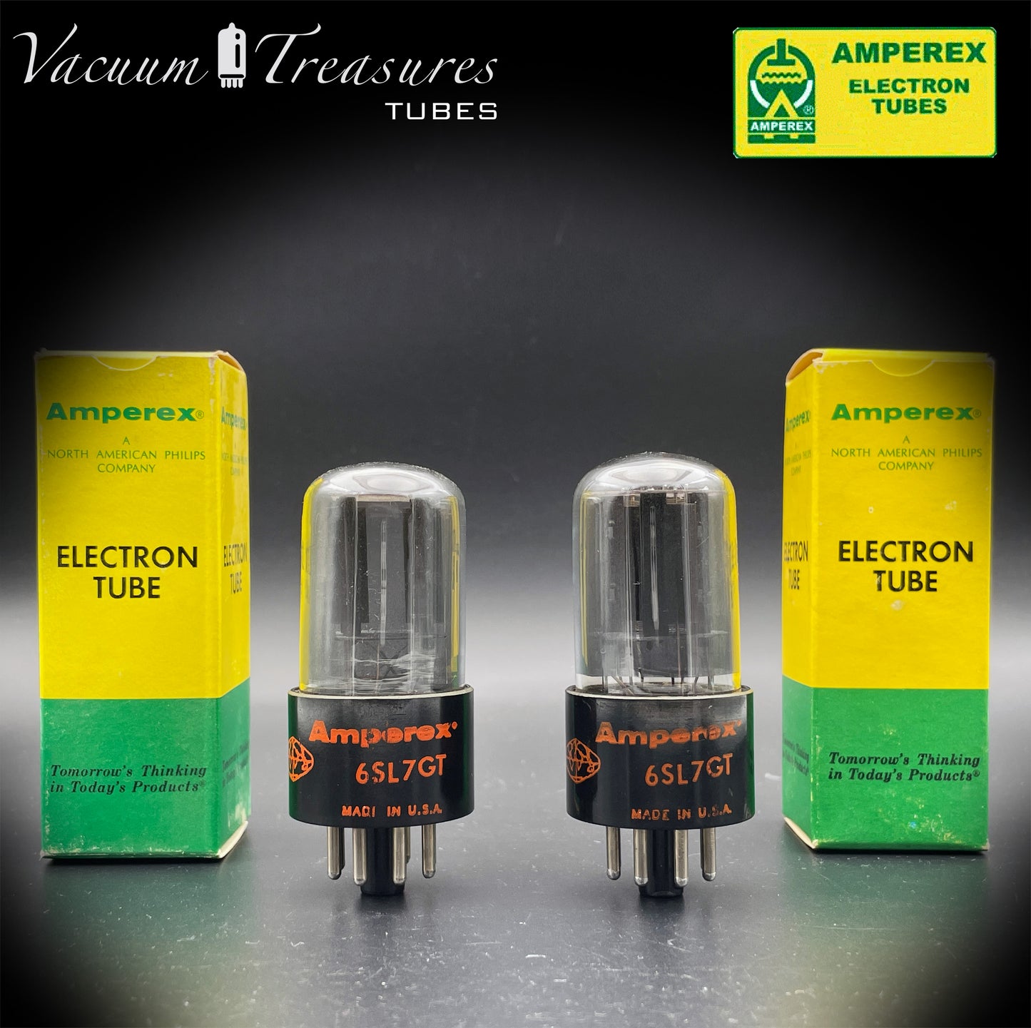 6SL7GT AMPEREX GLOBE AMPLITREX Tested Pair Black Plates Square Getter Tubes USA 60s