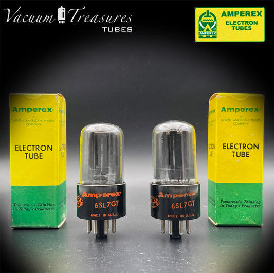 6SL7GT AMPEREX GLOBE AMPLITREX Tested Pair Black Plates Square Getter Tubes USA 60s