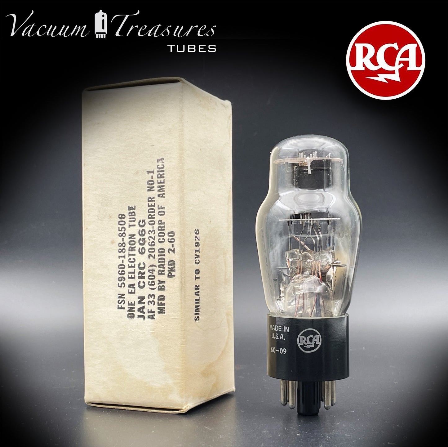 6G6G = VT-198A = 6G6GT RCA NOS NIB Tested Tube Black Plates Square Getter Power Pentode USA
