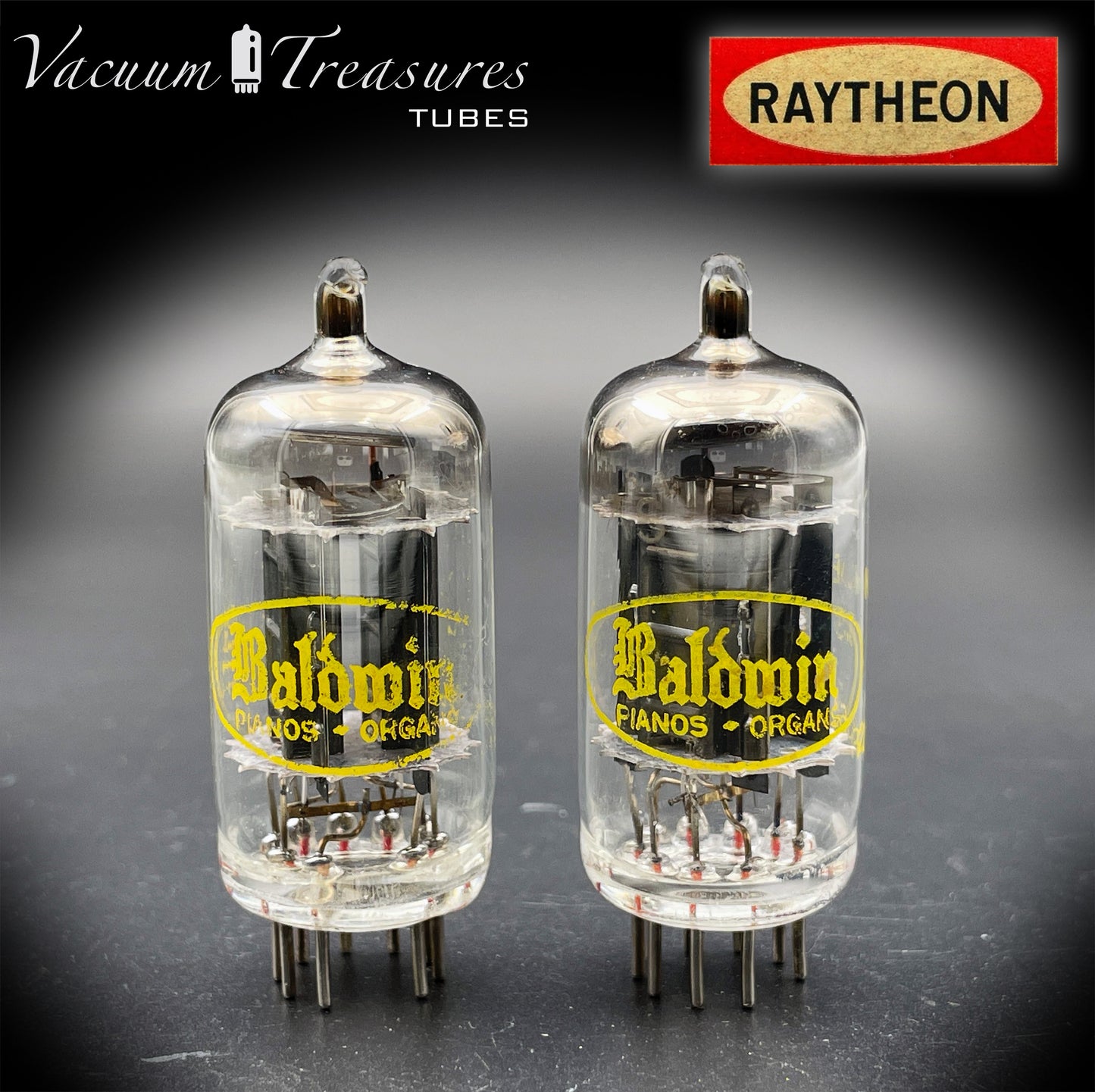 12AX7A ECC83 Baldwin RAYTHEON Matched Pair Tubes – Long Black Plates Halo Getter USA 1960s
