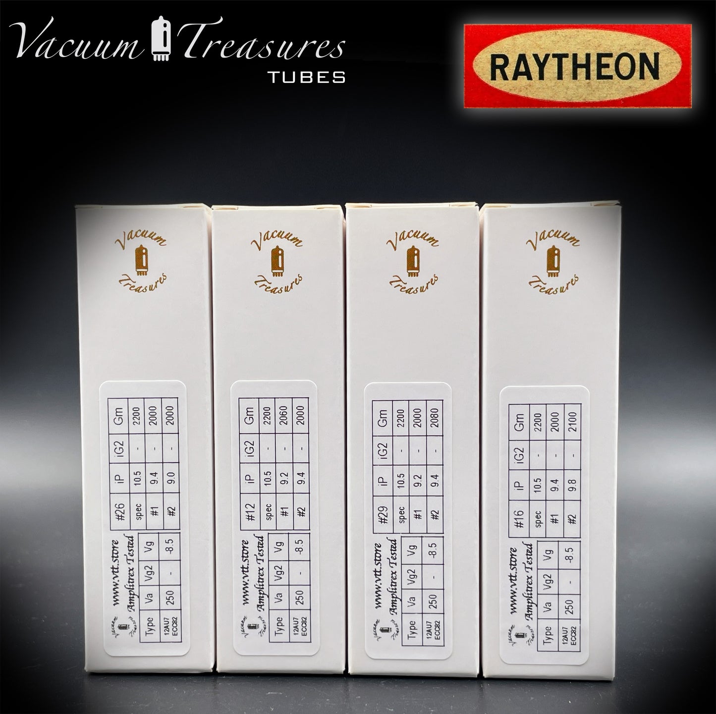 12AU7A / ECC82 NOS Baldwin by RAYTHEON Matched Quad Tubes Long Black Plates Halo Getter Made in USA '61