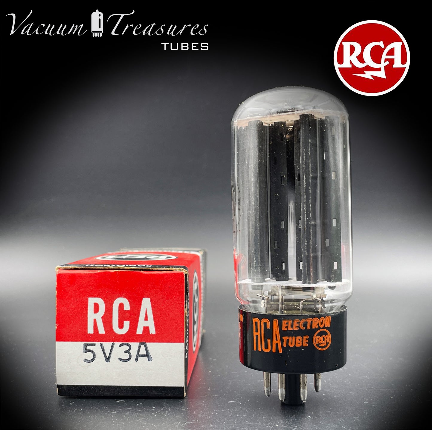 5V3A 5AU4 RCA NOS NIB Black Plates Round Getter Rectifier Tube - Amplitrex Tested - Made in USA