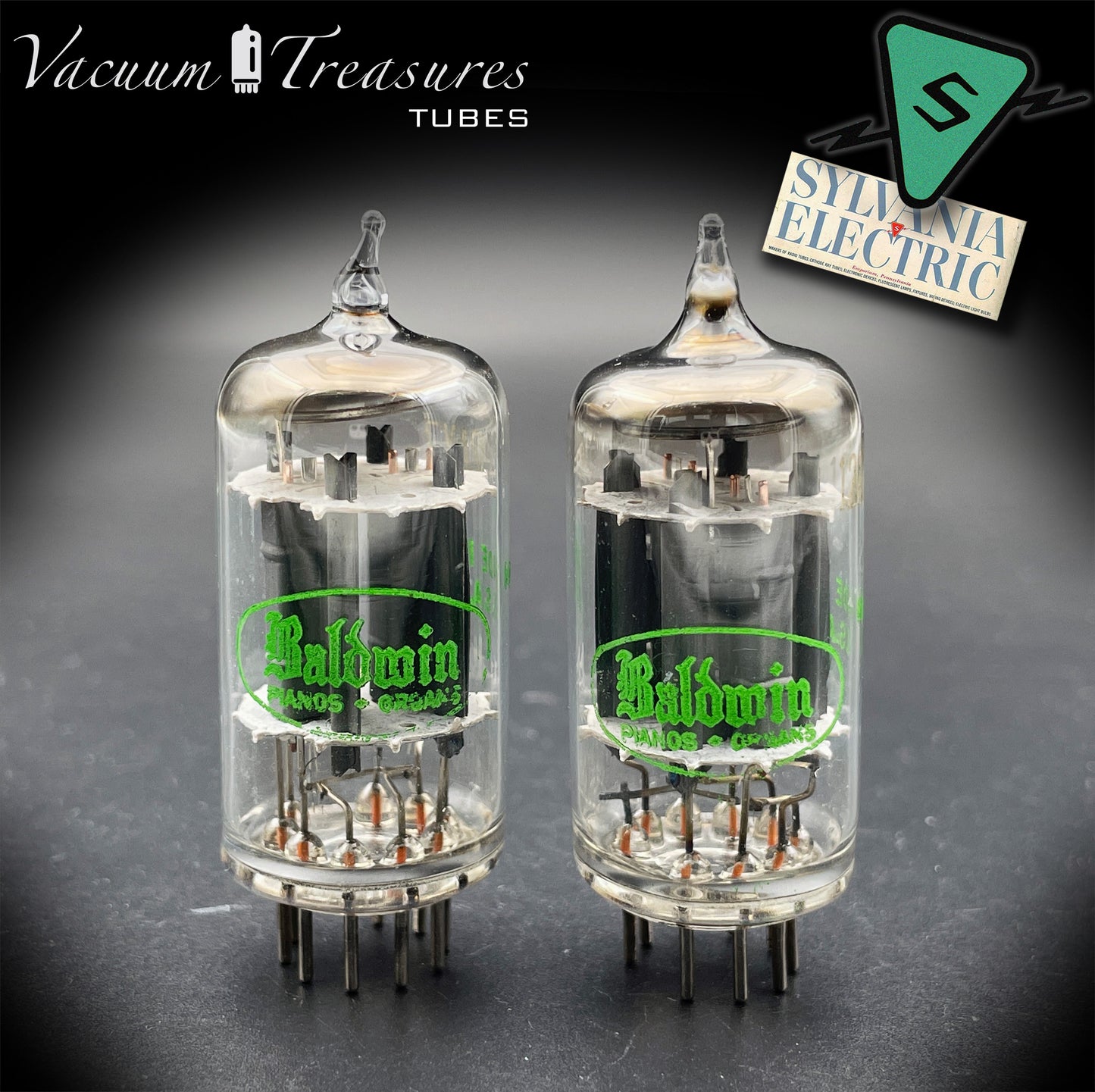 12AX7 ECC83 Baldwin by SYLVANIA – Matched Pair – Long Gray Plates Halo Getter USA 1959