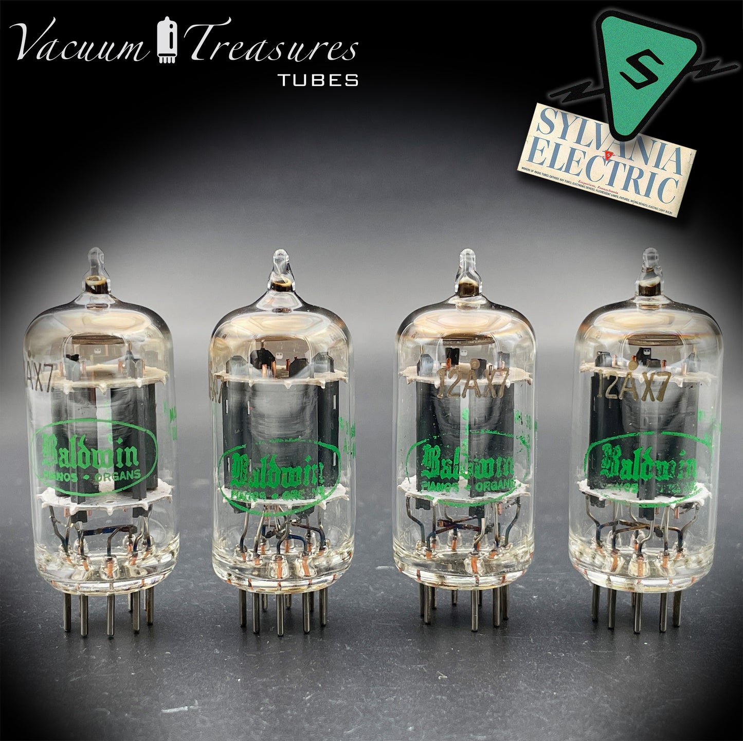 12AX7 / ECC83 Baldwin by Sylvania Matched Quad Long Gray Plates Halo Getter Made in USA