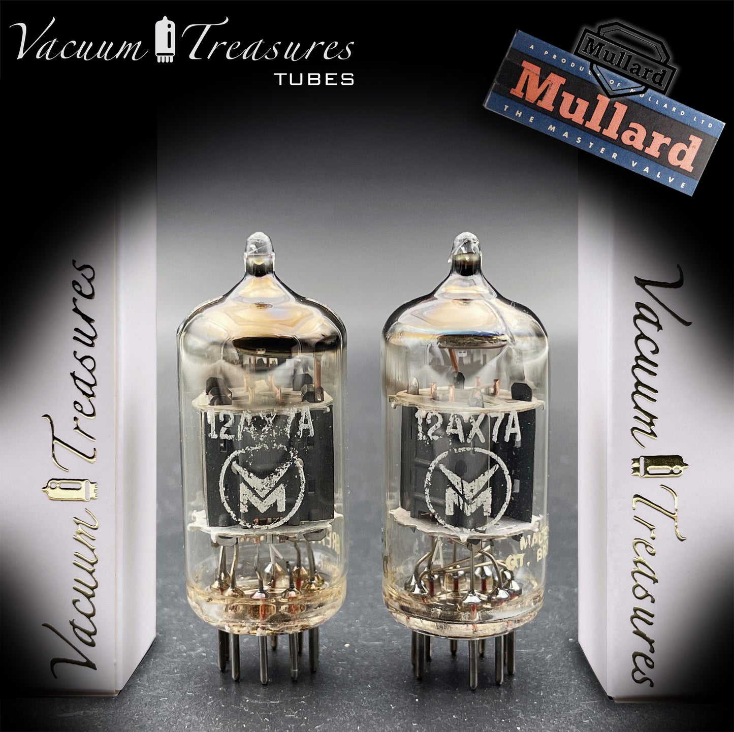 12AX7 / ECC83 MULLARD Blackburn Short Gray Plates Halo Getter - Same Code I61 B1C - AMPLITREX Tested Pair - Low Noise & Microphonics