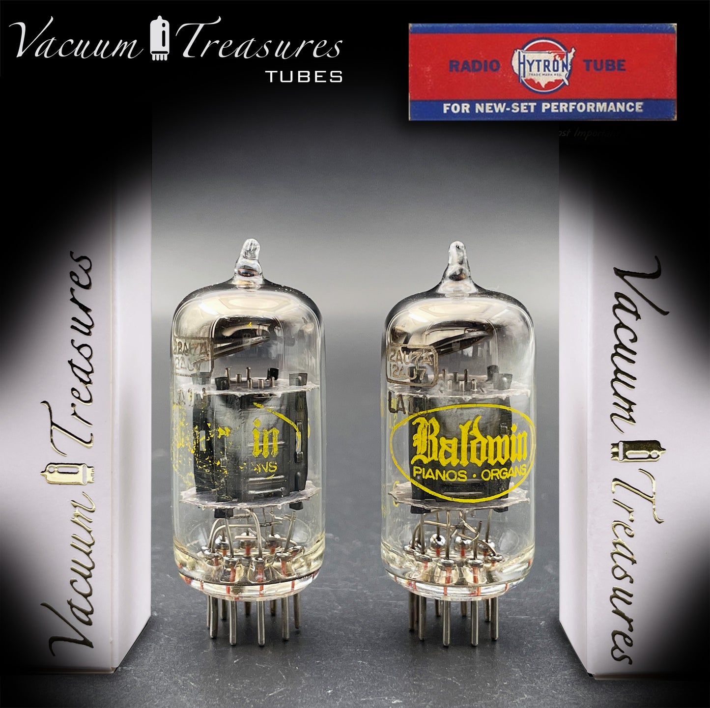 12AU7A ECC82 Baldwin / HYTRON Matched Pair Black Plates Halo Getter Tested Tubes USA