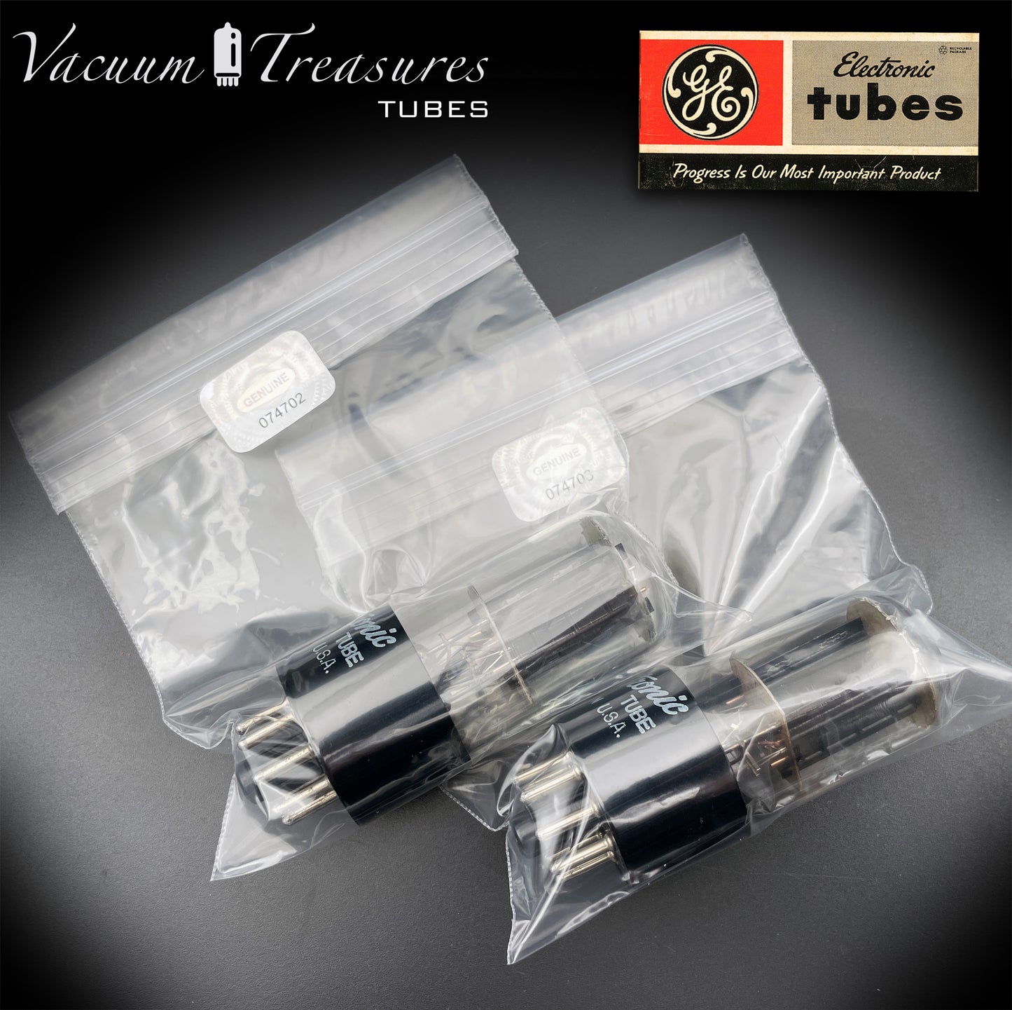 6SN7GT GE Black Plates Square Getter – Tested Pair – STRONG Issue – Made in USA '50s