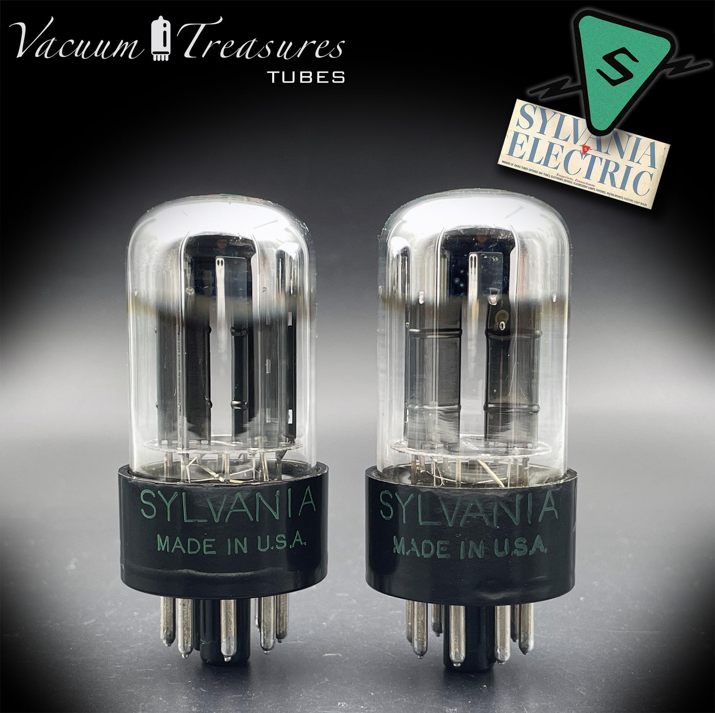 6SN7GTB NOS SYLVANIA CHROME TOP Green Dot Matched Pair Black Plates Tubes USA '50s