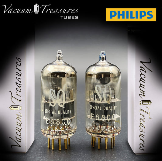 E88CC ( 6922 ) PHILIPS Special Quality Matched Pair Halo Getter Gold Pin Tubes Made in Holland '63