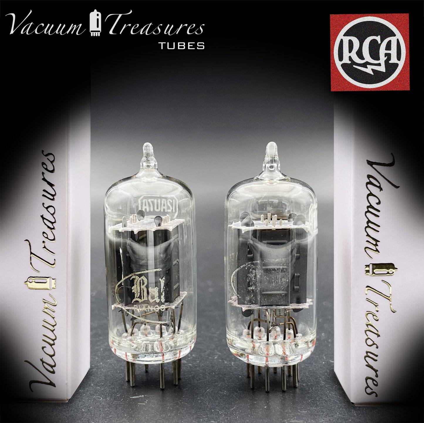 12AU7 / ECC82 Baldwin by RCA AMPLITREX Matched Pair Clear Top Long Gray Plates Side D Getter Tubes