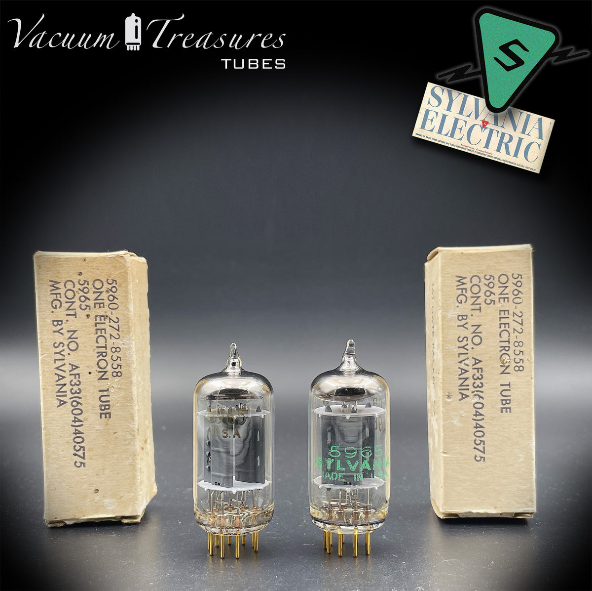 5965 / E180CC NOS NIB SYLVANIA Triple Mica Gold Pin Tested Pair Balanced Sections Made in USA