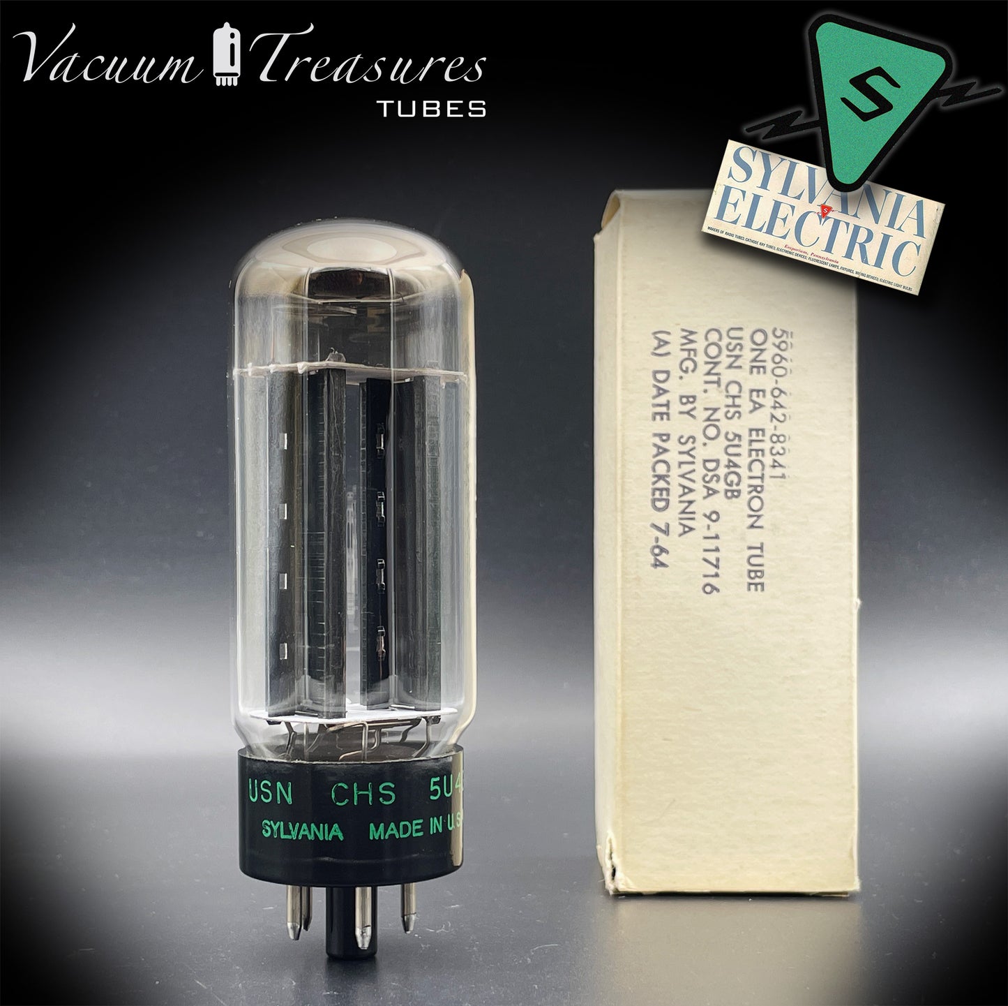 USN CHS 5U4GB SYLVANIA NOS NIB Black Plates Halo Getter Tested Tube Rectifier Made in USA