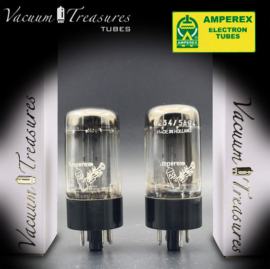 5AR4 ( GZ34 ) NOS AMPEREX Bugle Boy, Holland f33, smooth, Same codes, Matched Pair Tubes Rectifiers Made in HOLLAND